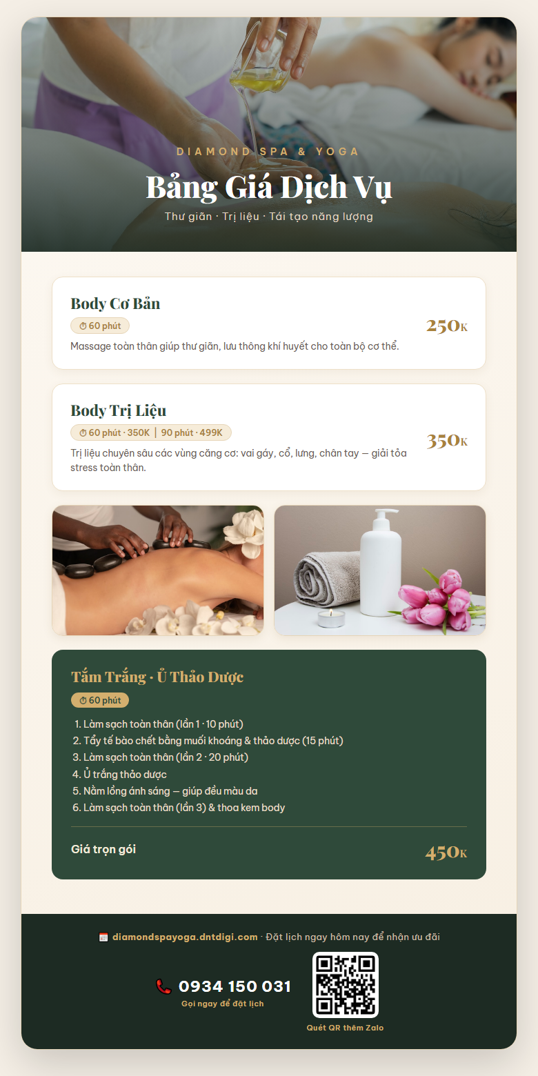 Bảng giá dịch vụ Diamond Spa Yoga - Body cơ bản 250K, Body trị liệu 350K/499K, Tắm trắng thảo dược 450K